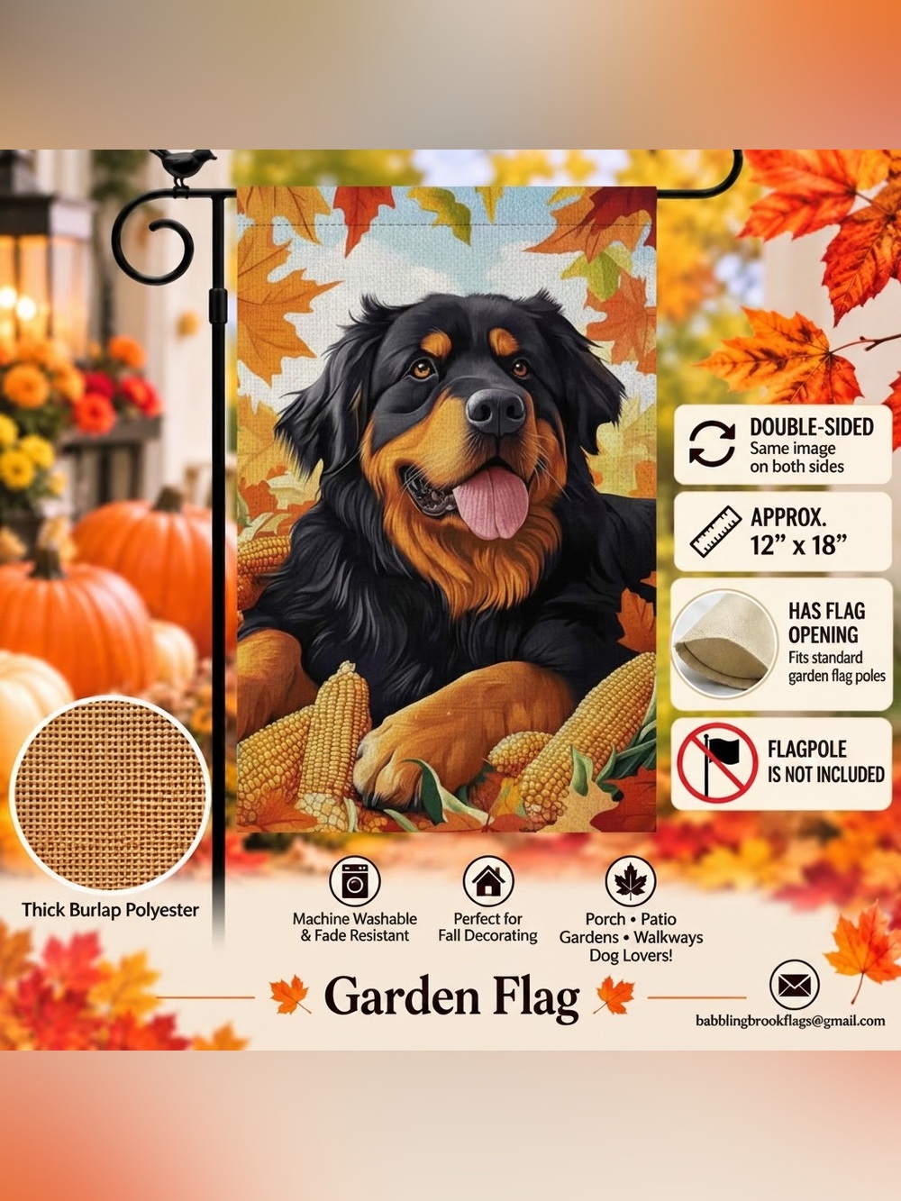 Garden Flag, Autumn Rottweiler, burlap, double sided, 12”x18”
